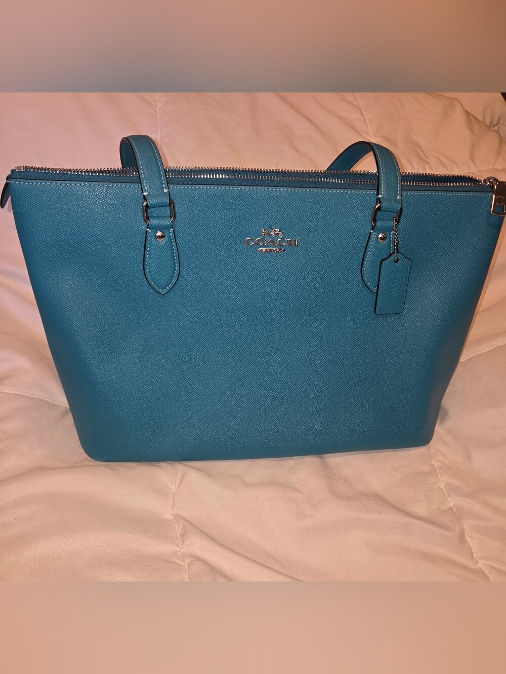 Coach Teal Leather Tote Bag - Signature Logo